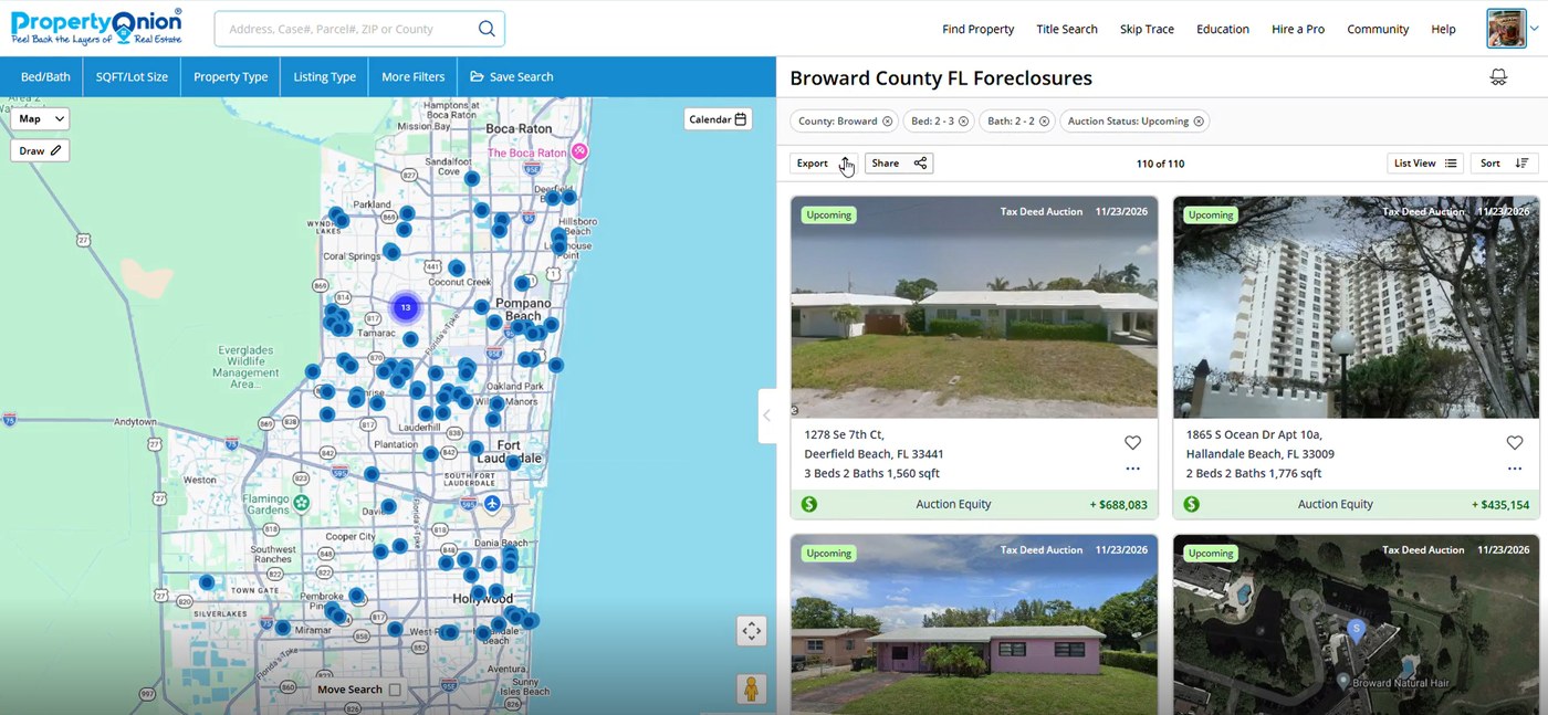 PropertyOnion search page showing Broward County foreclosures with filters applied