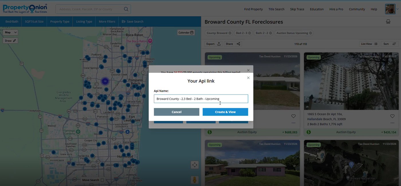 Your Api link dialog with the API name field and Create & View button