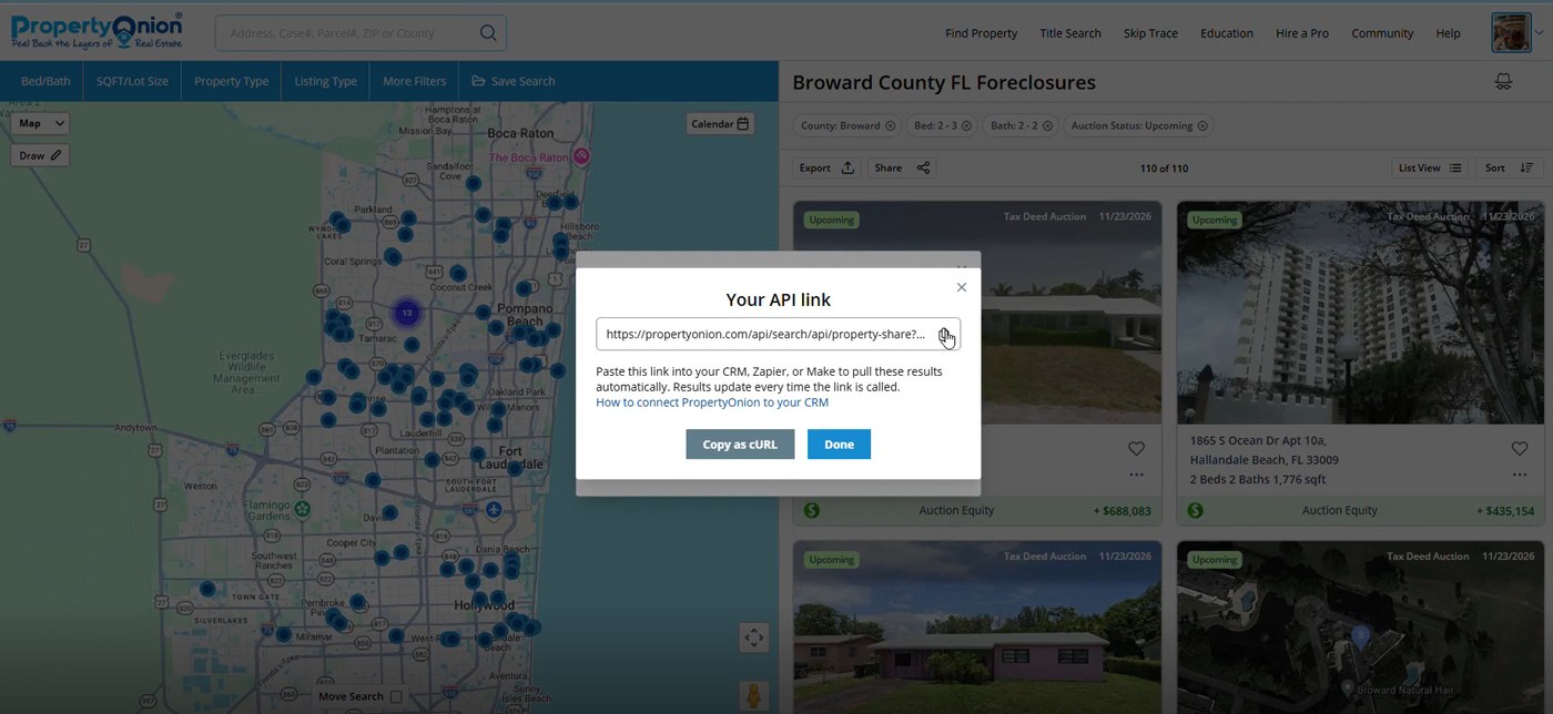 Your API link dialog showing the generated link and Copy as cURL button