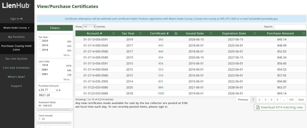 County held tax deeds or Lands Available for taxes list for Miami-Dade county FL.