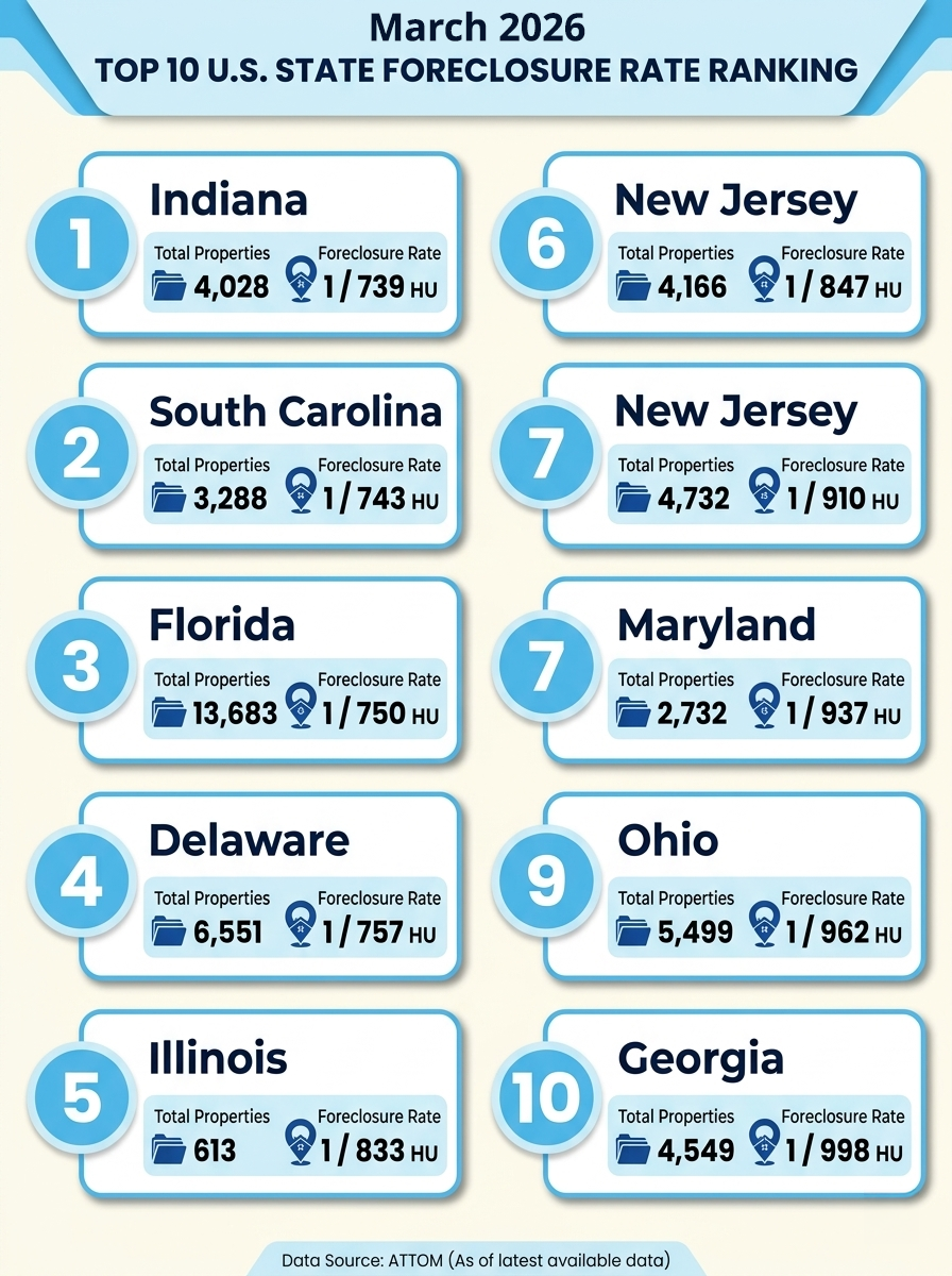 Top 10 2026 foreclosure rates by state